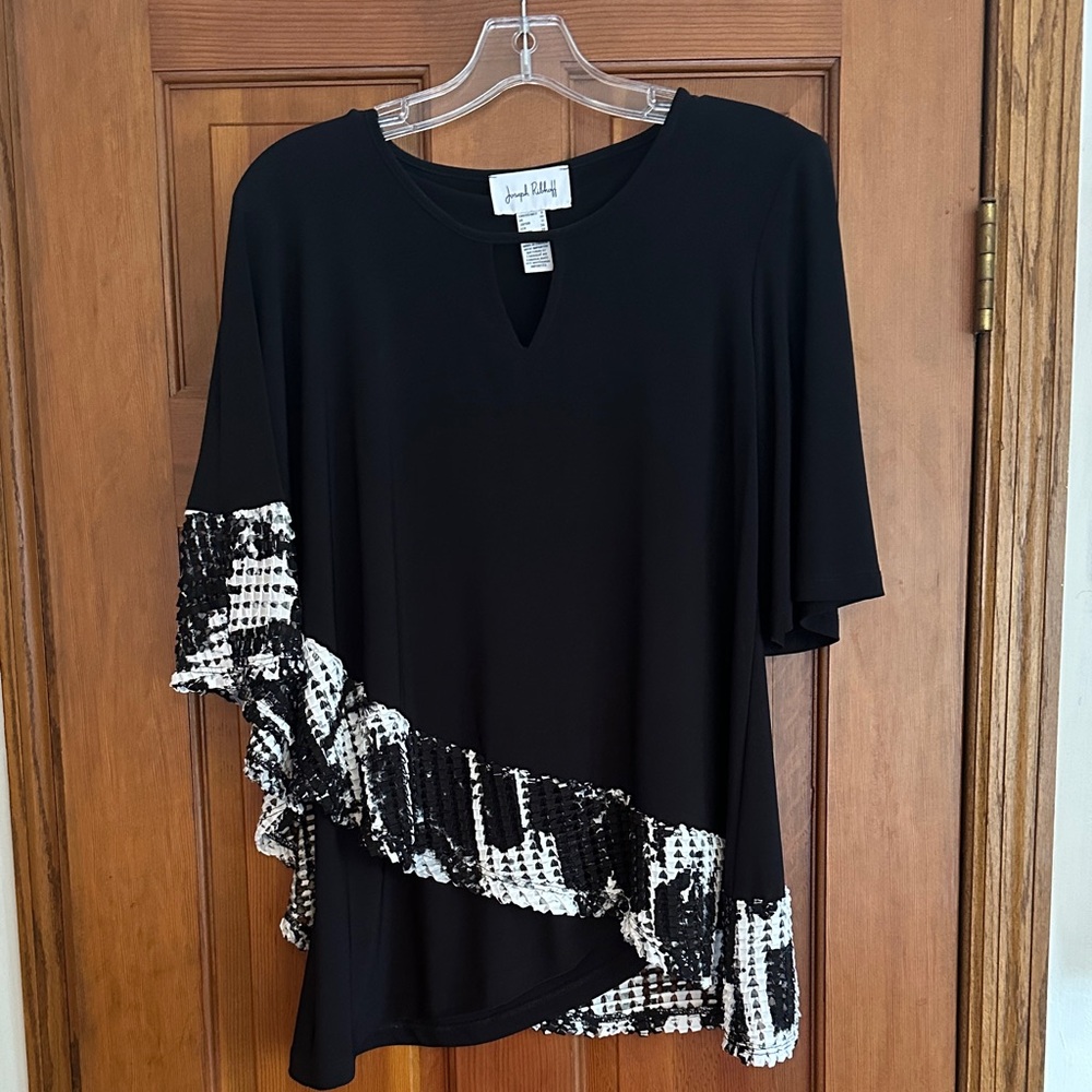 Joseph Ribkoff Black Top with White Ruffle Accent